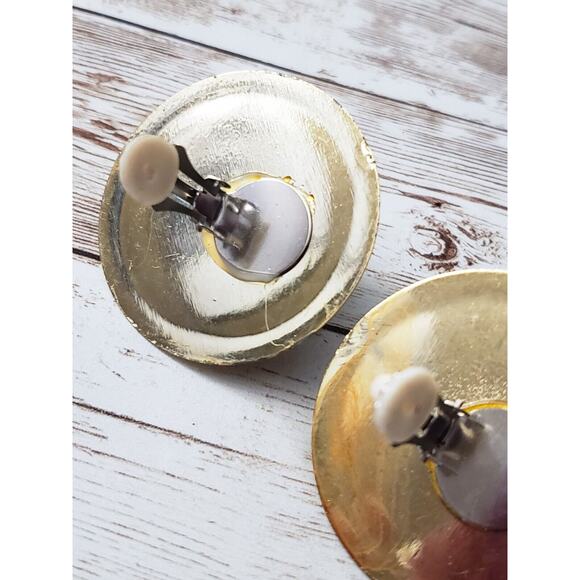 Vintage Clip On Earrings - Large Statement Golden Yellow & Gold Tone 3D - Picture 6 of 7